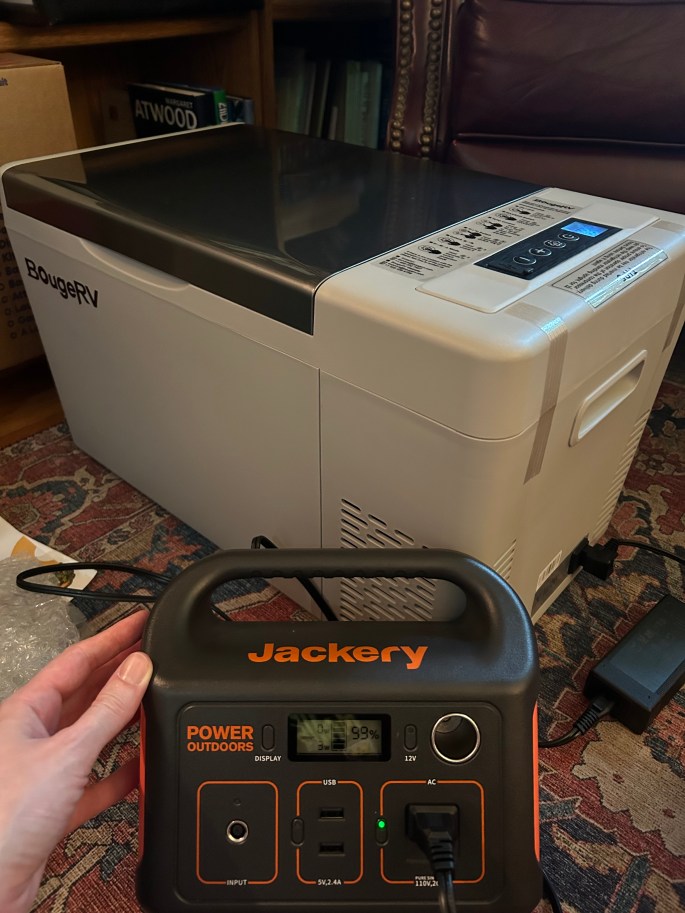 portable fridge and jackery battery to power it