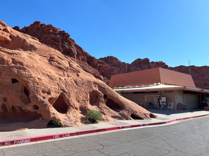 Exterior of Valley of Fire visitor center under clear blue sky