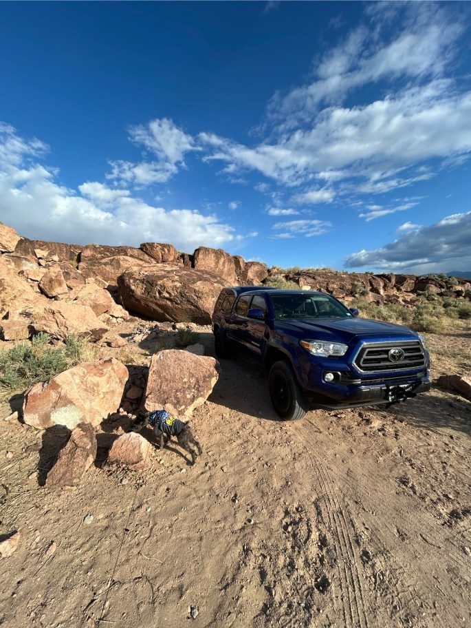 Toyota Tacoma truck camper parked on open BLM land with dog sniffing nearby at Volcanic Tablelands