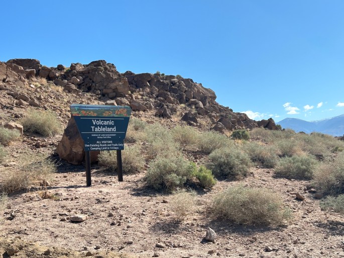 Entrance sign for Volcanic Tablelands BLM camping area near Bishop, California