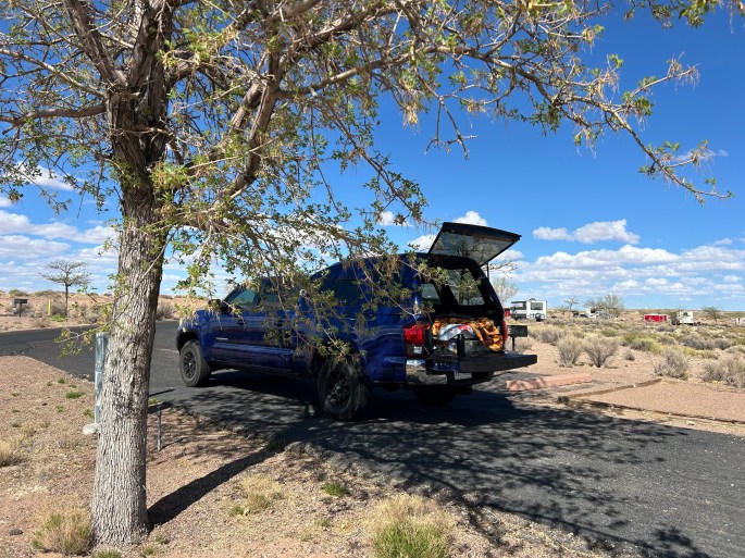 Toyota Tacoma parked under a small desert tree at Homolovi State Park campsite in Arizona