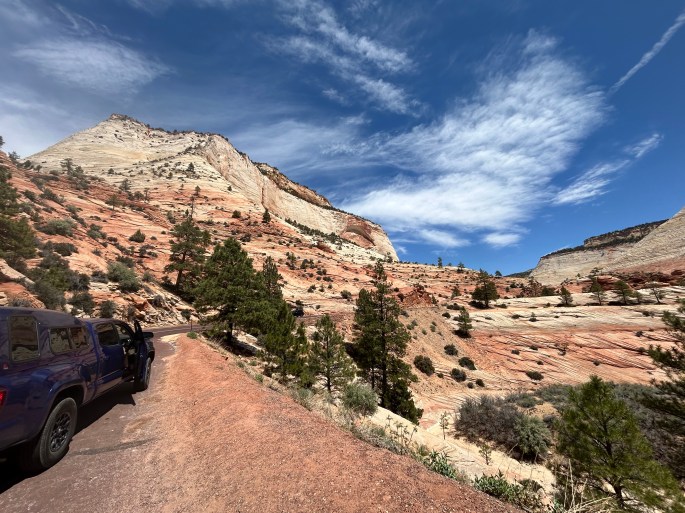 Zion National Park road winding through red cliffs under blue sky